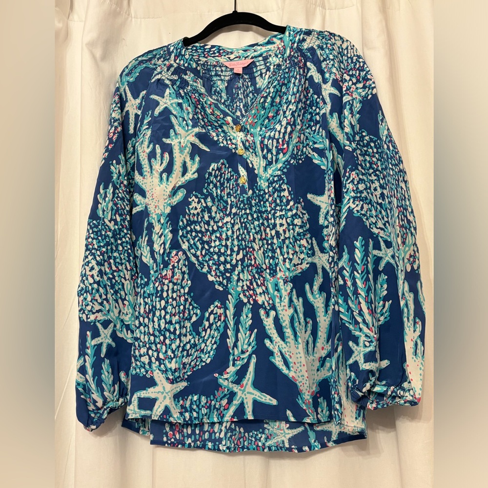 Lilly Pulitzer Elsa Silk Blouse Indigo Good Reef